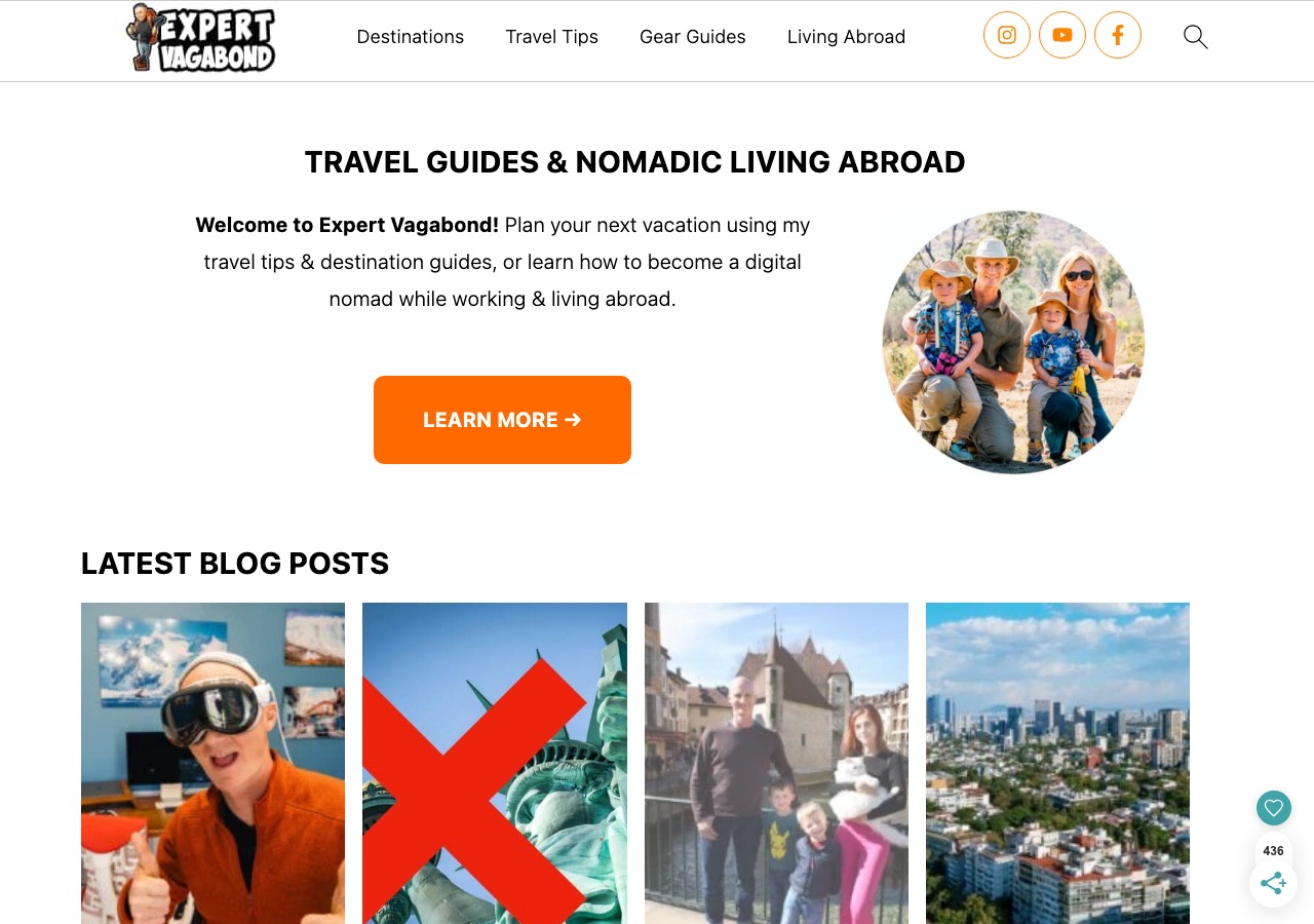 Screenshot of the Expert Vagabond homepage